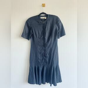 VTG Liz Claiborne Black Linen Dress Size 10 Minimalist Drop Waist Flounce Hem